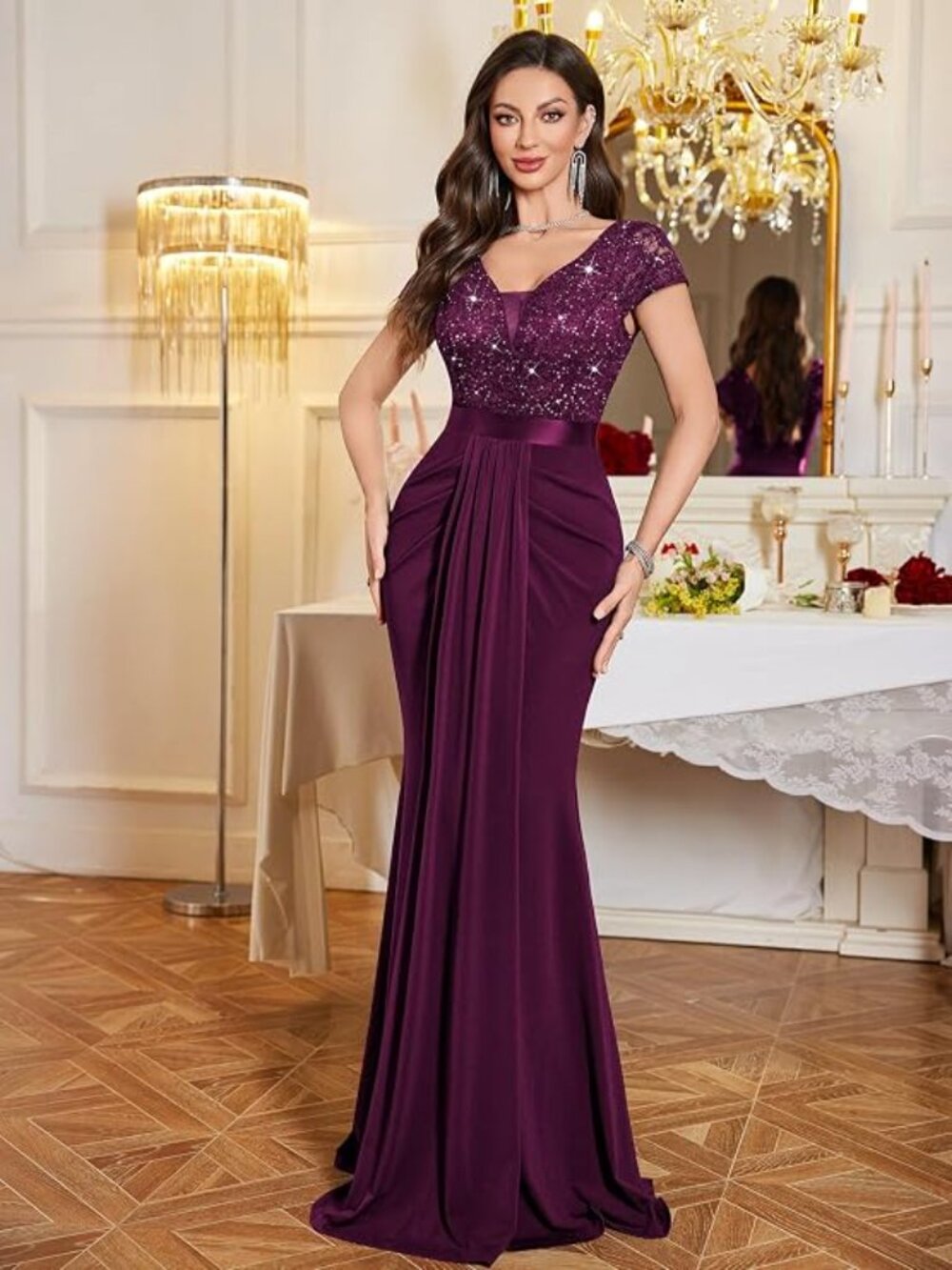 Women's Deep V-Neck Lace Sequin Pleated Evening Formal Dress MAROON - Picture 2 of 6
